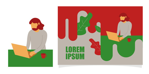 Minimalist vector flat character design on businessman working in office behind her desk with laptop. Man using laptop. Colorful vector illustration for website design or landing web page banner