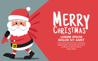 Cartoon Santa Claus pulling a huge bag of Christmas gifts, illustration and  Banner background with copy space