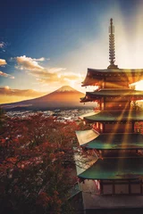 Foto op Canvas Mt. Fuji with Chureito Pagoda and red leaf in the autumn on sunset at Fujiyoshida, Japan. © nuttawutnuy