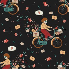 seamless pattern. vector illustration. man in love on valentine's day. girl with a bouquet of flowers rides a bicycle and thinks about love. delivery of letters and gifts.