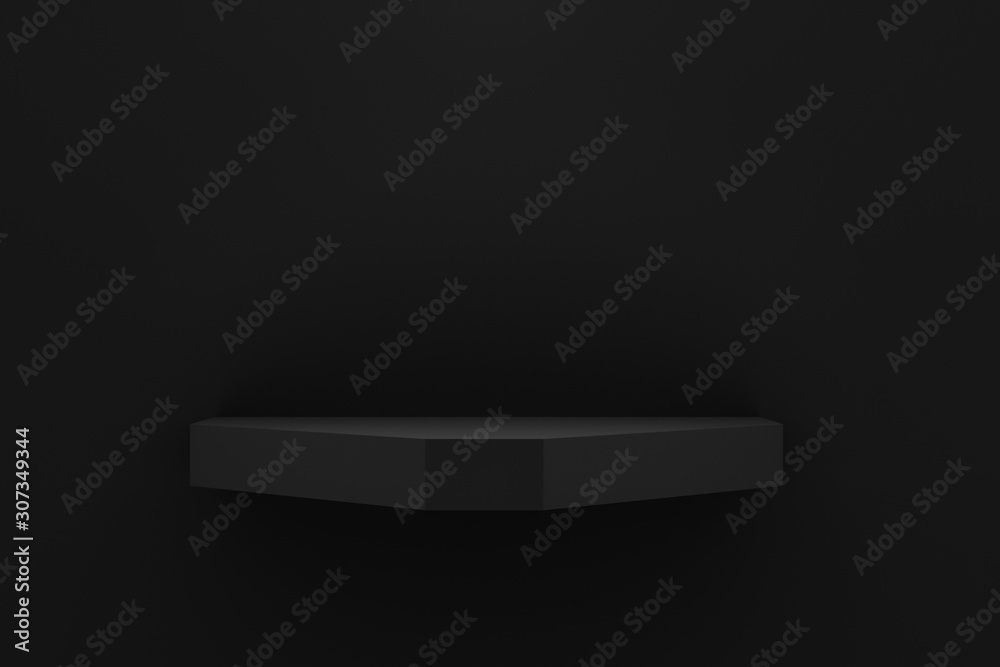 Poster Front view of empty shelf on black wall background with modern minimal concept. Display of backdrop shelves for showing. Realistic 3D render.