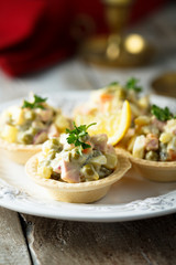 Traditional Russian salad served for a party