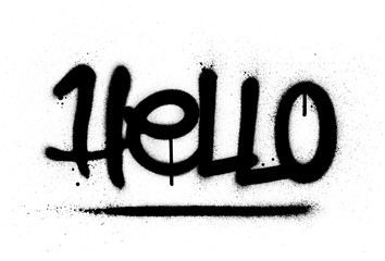 graffiti hello word sprayed in black over white