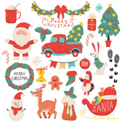Christmas elements vector cartoon set isolated on white background.