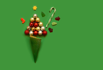 Ice Cream Cone with Christmas Decoration. Minimal Christmas Concept. Flat Lay