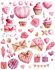 Watercolour valentine's day, great design for any purposes. Love heart frame. Romantic lettering. Text background. Sketch greeting card template with pink valentine's day for decorative design.