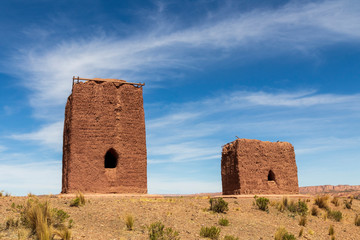 Fototapeta na wymiar Huanuni, Bolivia. 10-19-2019. Towers used as tomb at Huanuni Cachu in Bolivia.