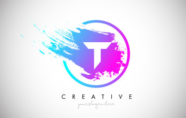 T Artistic Brush Letter Logo Design in Purple Blue Colors Vector