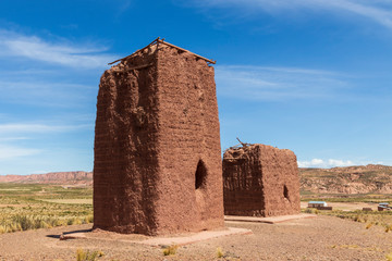 Huanuni, Bolivia. 10-19-2019. Towers used as tomb at Huanuni Cachu in Bolivia.