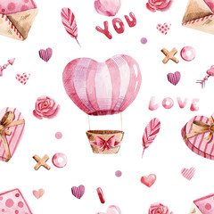 Watercolor seamless pattern fo Valentines Day. Best for fabric, textile, prints, wrapping paper, gift boxes, love gritting cards, background, wallpaper
