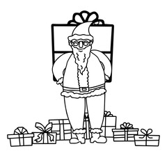 Cartoon Santa Clause with many gift boxes around and one big gift in his hands. For Christmas greeting Cards and invitations. Hand drawn doodle vector illustration.