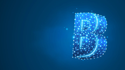 Alphabet letter B. Design of an Uppercase letter. Banner, template or a pattern. Abstract digital wireframe, low poly mesh, Raster blue neon 3d illustration. Triangle, line, dot