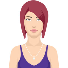 Beautiful cute woman, girl, in purple dress, with jewellery character avatar, vector icon.