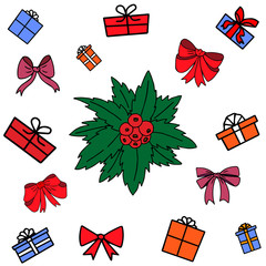 Christmas set with holly berry, bows and gifts box. White background, isolated objects. Colorful gifts different sizes. Use for postcards, flyers. Doodle style.