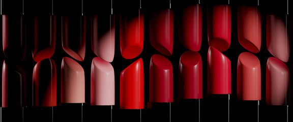 Beauty concept background. Closeup set of lipsticks in red, pink and coral colors. 3d rendering illustration.