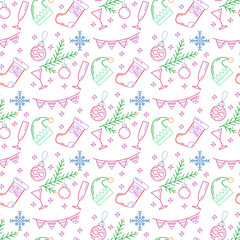 Merry Christmas and Happy New Year 2019 season color seamless pattern. Vector retro linear illustration. Party celebration, winter holidays event, carnival element. Doodle style decorations background