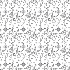 Merry Christmas Happy New Year 2019 season color seamless pattern. Vector retro linear illustration. Party celebration, winter holidays event, carnival element. Monochrome style decorations background