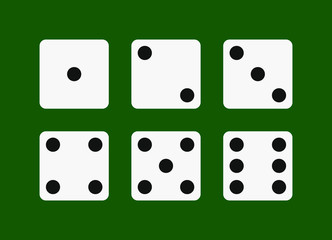 Dice graphic icons set. Six different side of cube with numbers from 1 to 6. Dice signs Isolated on green background. Vector illustration