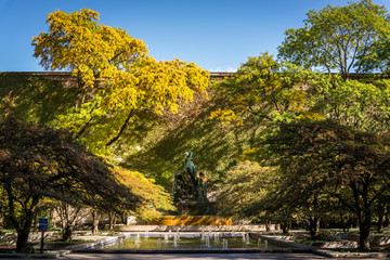 Autumn colours in the South Garden with a water fountain, South Michigan Ave, Chicago, Illinois, USA
