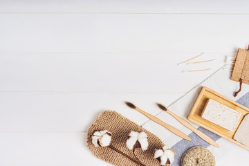 Body care or bath products on white background. Top view 
