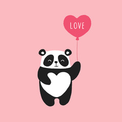 Cute panda, heart balloon, valentines day. Print for t-shirts, cards, banners, valentines. Isolated vector illustration on a pink background for children.