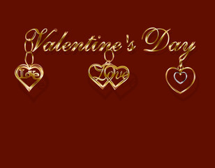 Lettering Valentine's Day. Gold pendants in the form of hearts in white and yellow gold. 3D with shadow. illustration