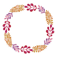Fototapeta na wymiar Frame of red, orange, purple and pink hand-drawn tropical leaves, isolated on a white background. Colorful minimalistic wreath with place for text