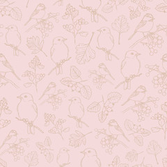 Romantic vector repeat pattern with brown birds and plants with berries on pink background. Vintage hand-drawn style. One of 