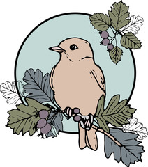Plakaty  Ładny ręcznie rysowane ilustracja z ptakiem siedzącym na gałęzi. Zabytkowy styl. Nadruk pozycjonujący do wzorów z kolekcji &quot Ptaki i jagody&quot .