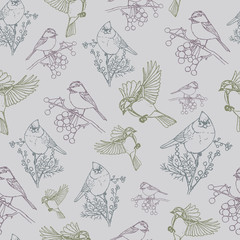 Vector repeat pattern with colorful birds on grey background. Vintage hand-drawn style. One of "Bird and Berries" collection patterns.