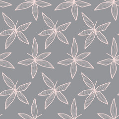 Fototapeta na wymiar Regular vector repeat pattern with pink leaves on grey background.
