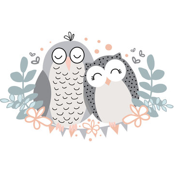 Cute illustration with two sleeping owls. Hand-drawn style, pastel colors. Placement print to "The Owls" collection patterns.