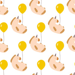 Unicorns with balloons seamless vector pattern. Yellow and pink delicate shades. - 307357525