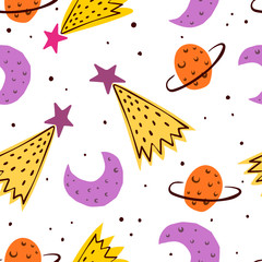 Seamless pattern with planets, stars, crescents, decor elements. colorful vector for kids. hand drawing. space theme. baby design for fabric, wrapper, textile, print