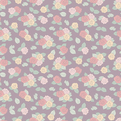 Fototapeta na wymiar Romantic vector repeat pattern with small colorful roses on purple background. Pastel colors, vintage style.