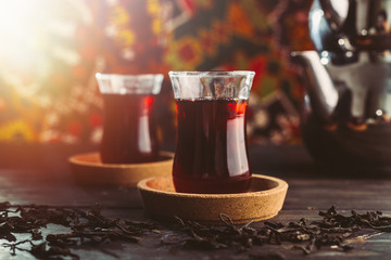turkish tea on wooden table