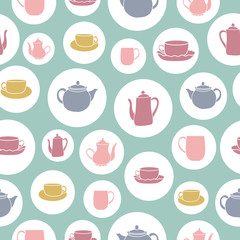 One of the "Tea Garden Party" collection patterns with teapots and teacups in white circles on light green background.