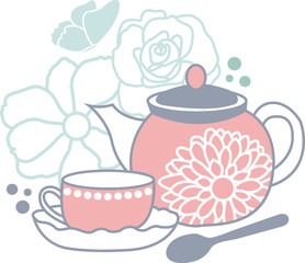 Vector illustration with a scenery of tea garden party. It contains a set of tea pot and tea cup in front of garden flowers. A placement print to 