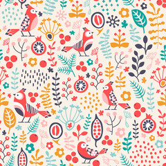 Cotton fabric seamless pattern with birds and plant ornament