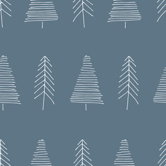 Simple vector repeat pattern with winter conifers on blue background. Hand-drawn Scandinavian style. BIG