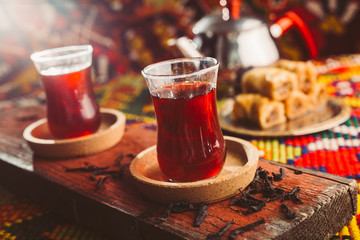 turkish tea and baklava on wooden table