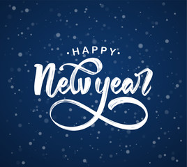 Hand drawn elegant modern brush lettering of Happy New Year on dark blue snowflakes background.