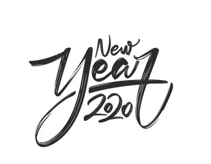 Handwritten calligraphic lettering of New Year 2020 on white background.