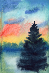 winter sunset fir trees watercolor post card