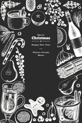 Winter drinks vector banner template. Hand drawn engraved style mulled wine, hot chocolate, spices illustrations on chalk board. Vintage christmas background.