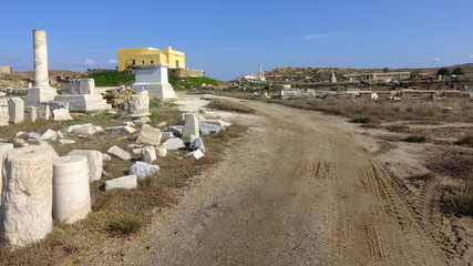 Iconic and amazing archaeological site of uninhabited island of Delos, Cyclades, Greece