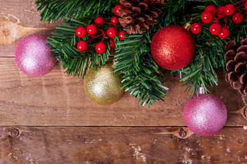 Fototapeta na wymiar Christmas decorations on wooden background