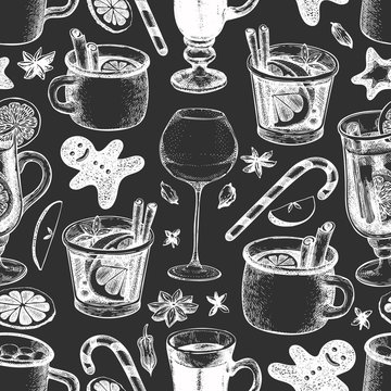 Winter drinks vector seamless pattern. Hand drawn engraved style mulled wine, hot chocolate, spices illustrations on chalk board. Vintage christmas background.