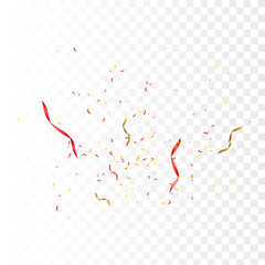 Confetti vector celebrate background. Gold and red flying ribbons, streamers and paper particles. Birthday party background. Vector illustration