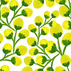 summer yellow flowers green branches gouache drawing seamless pattern
